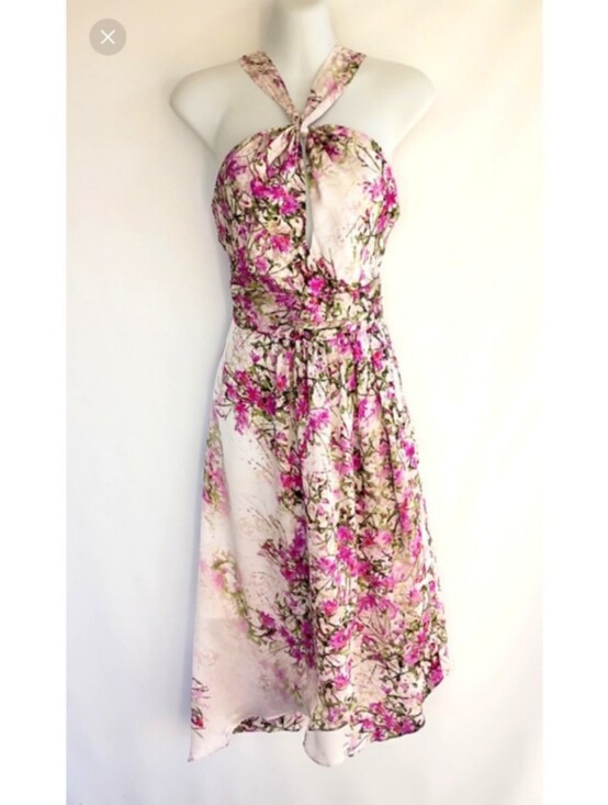 bebe Dresses & Skirts - Vintage Bebe Y2K 100% Silk Watercolor Floral Halter Dress Pink White High Low XS